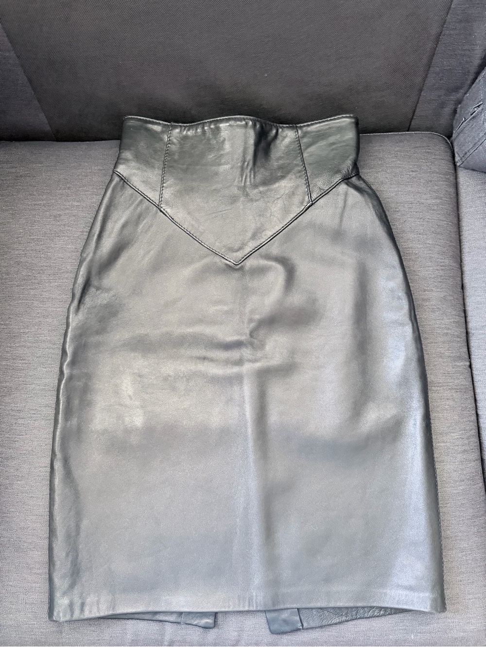 V-Panel Black Leather Midi Skirt